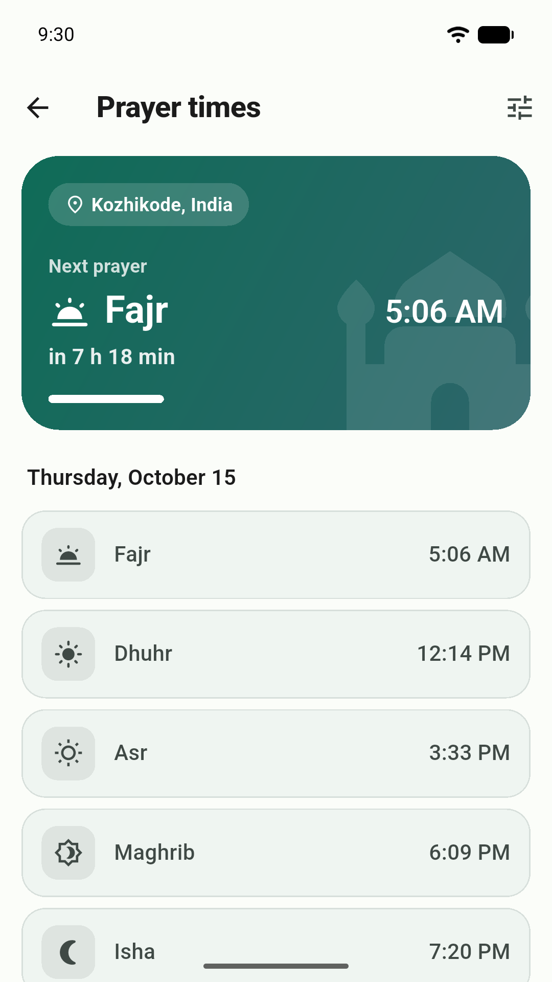Prayer times with the next prayer and countdown