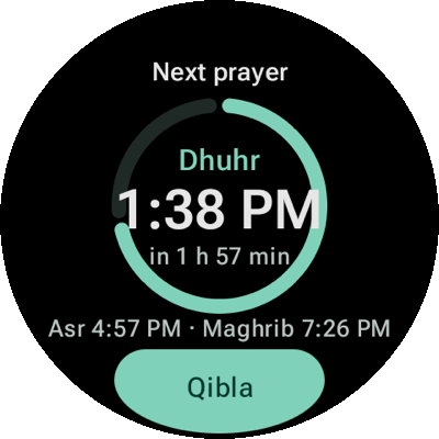 Wear OS tile showing the next prayer and a countdown